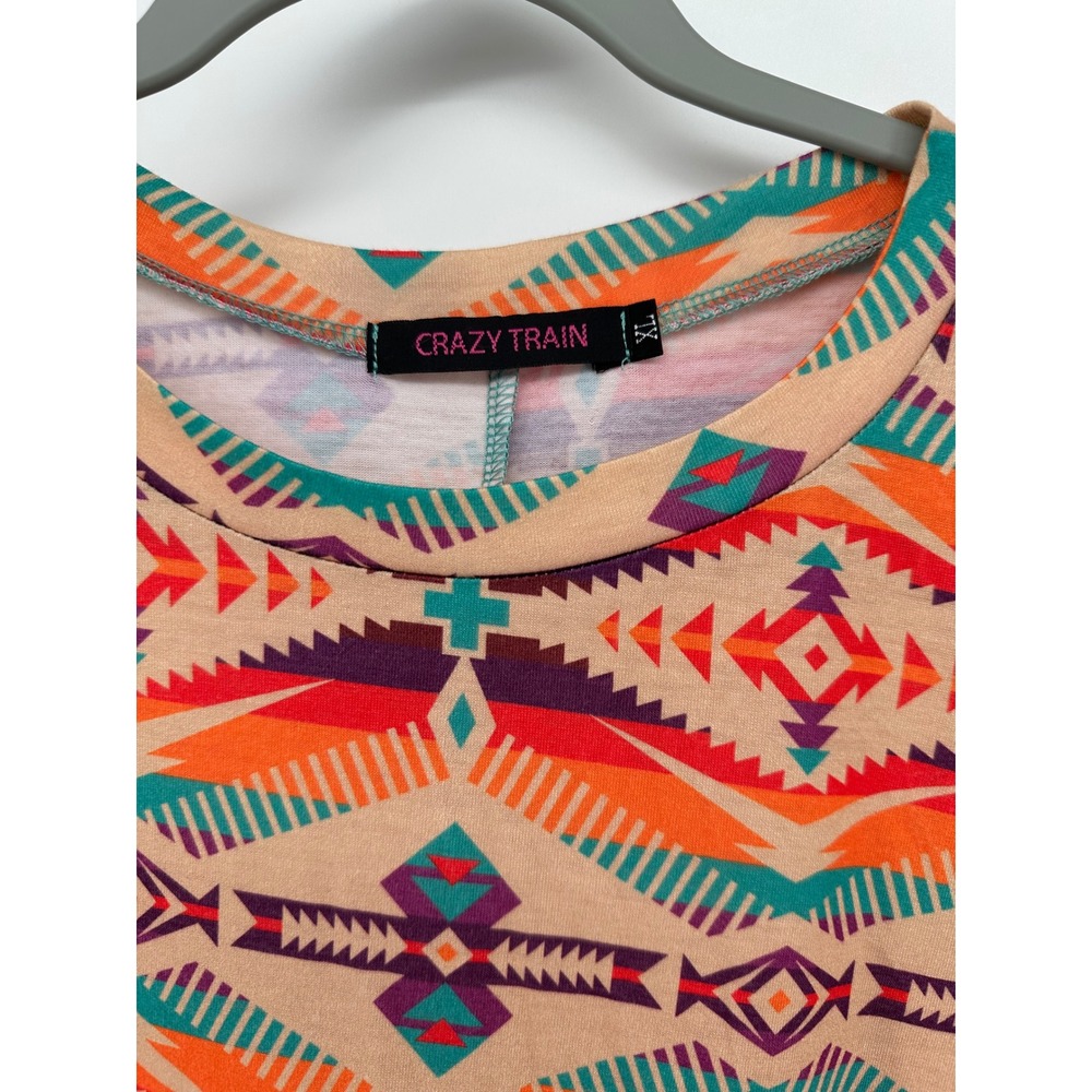 Crazy Train Womens XL Southwestern Aztec High Low Tunic Top Orange Teal Western - Picture 2 of 4